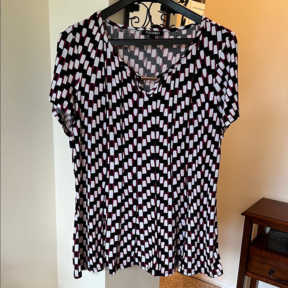 Roz & Ali Black, Bergundy and White Checkered Blouse
